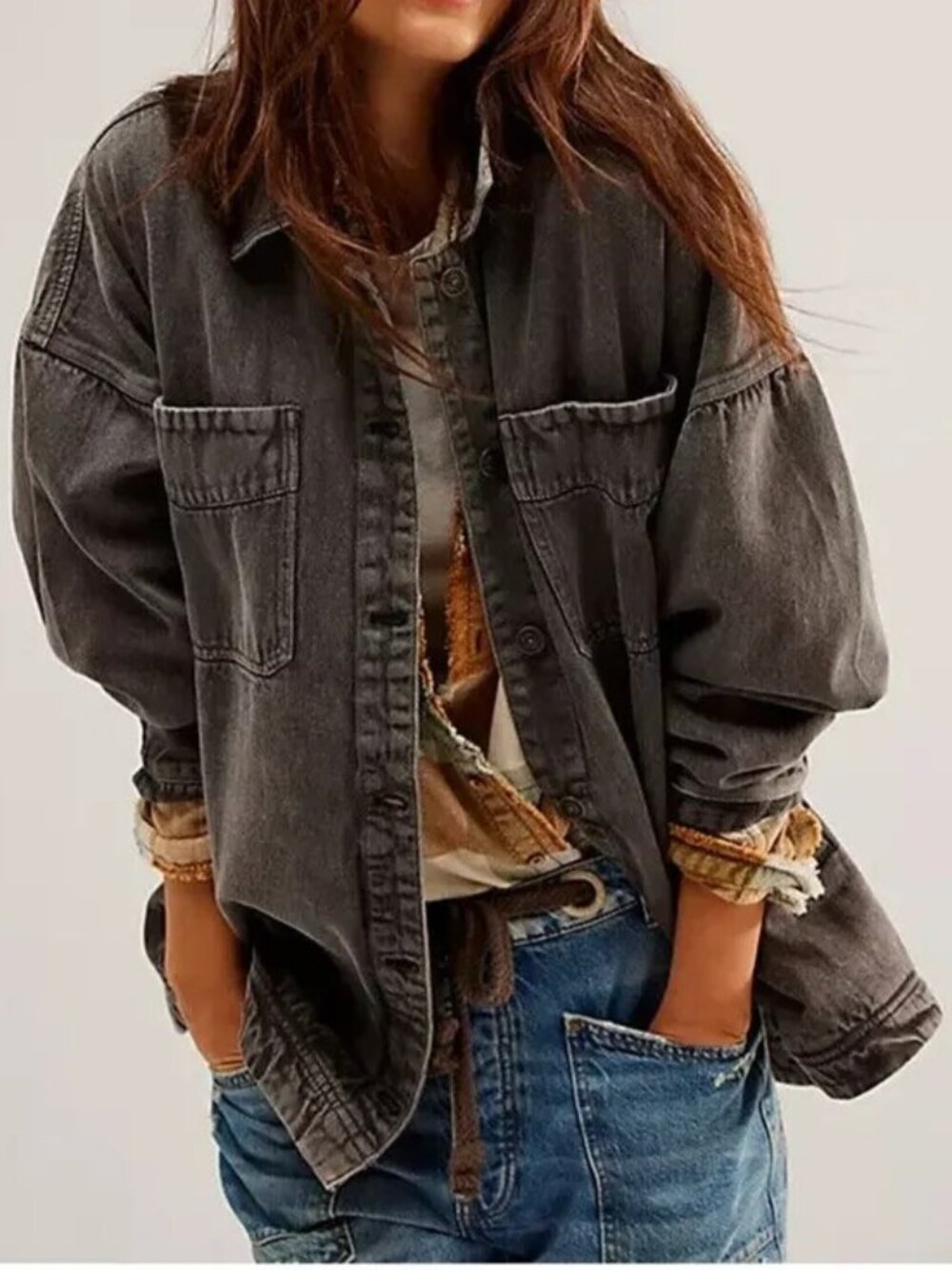 Free People Madison City Twill Denim Oversized Jacket